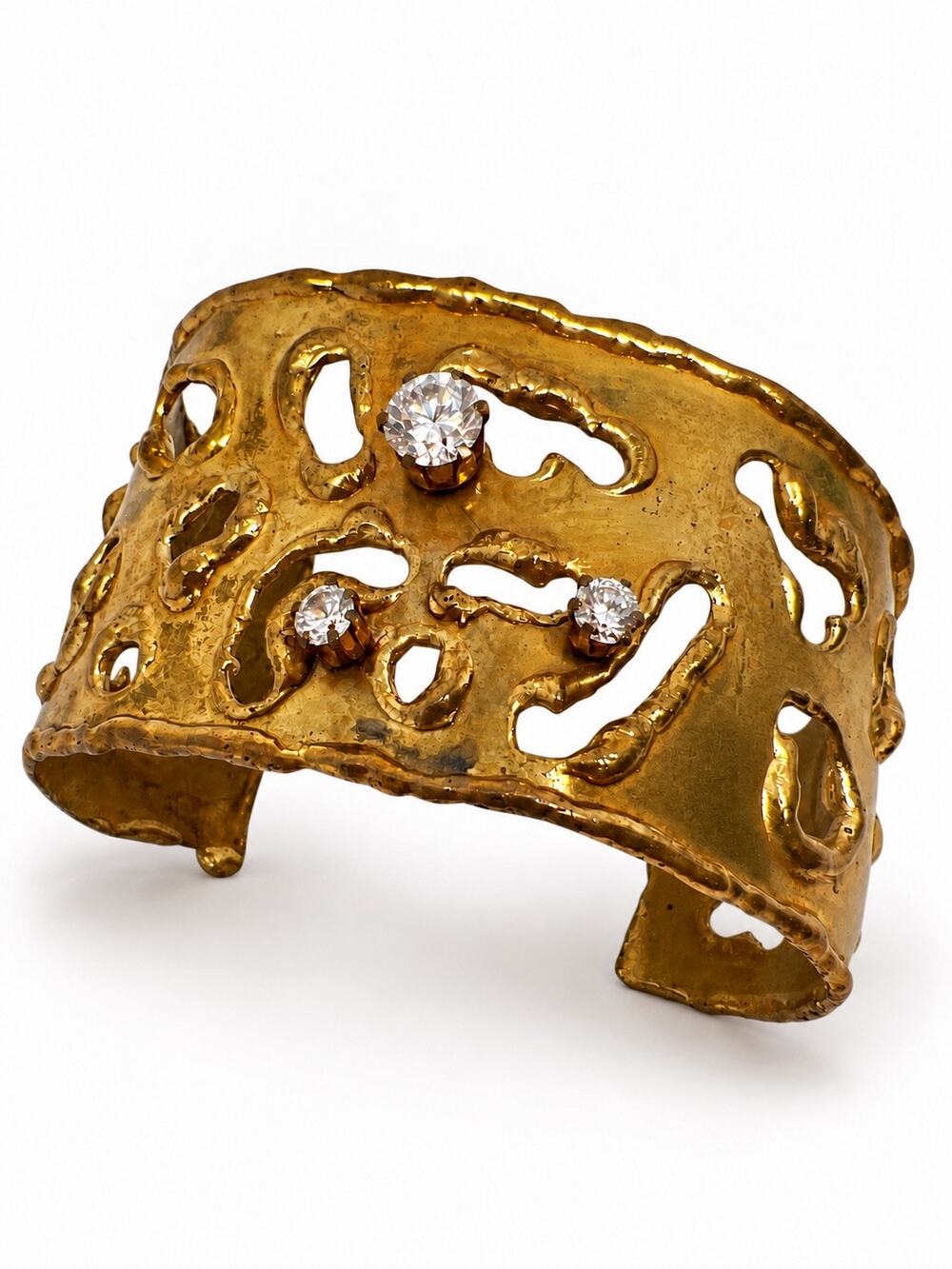 Vintage 1970s Brass Rhinestone Cuff Bracelet Brutalist Statement Jewelry